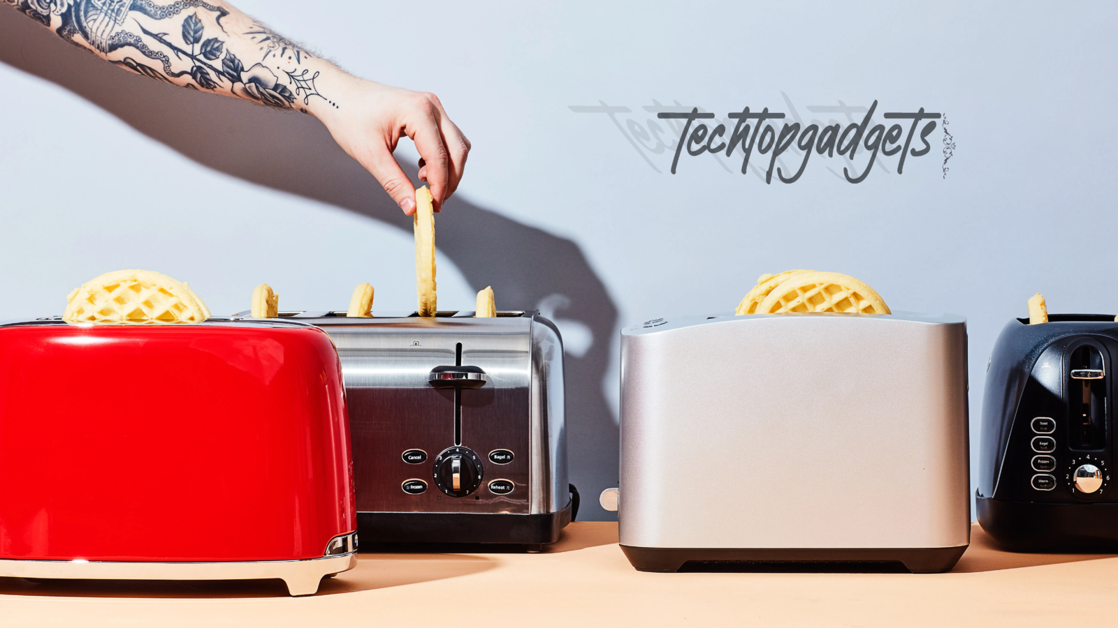 Various models of the best affordable toasters are lined up with a person inserting toast, demonstrating a comparison of toasting capabilities and styles for the ideal breakfast experience.
