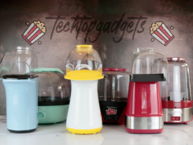 A lineup of the best air popcorn makers from brands like Dash, WestBend, and Cuisinart, ready to transform your snacking habits, set against a kitchen backdrop with a whimsical "TechTop Gadgets" logo overhead.