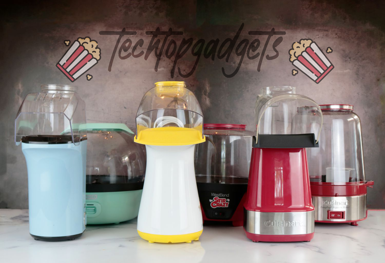 A lineup of the best air popcorn makers from brands like Dash, WestBend, and Cuisinart, ready to transform your snacking habits, set against a kitchen backdrop with a whimsical "TechTop Gadgets" logo overhead.