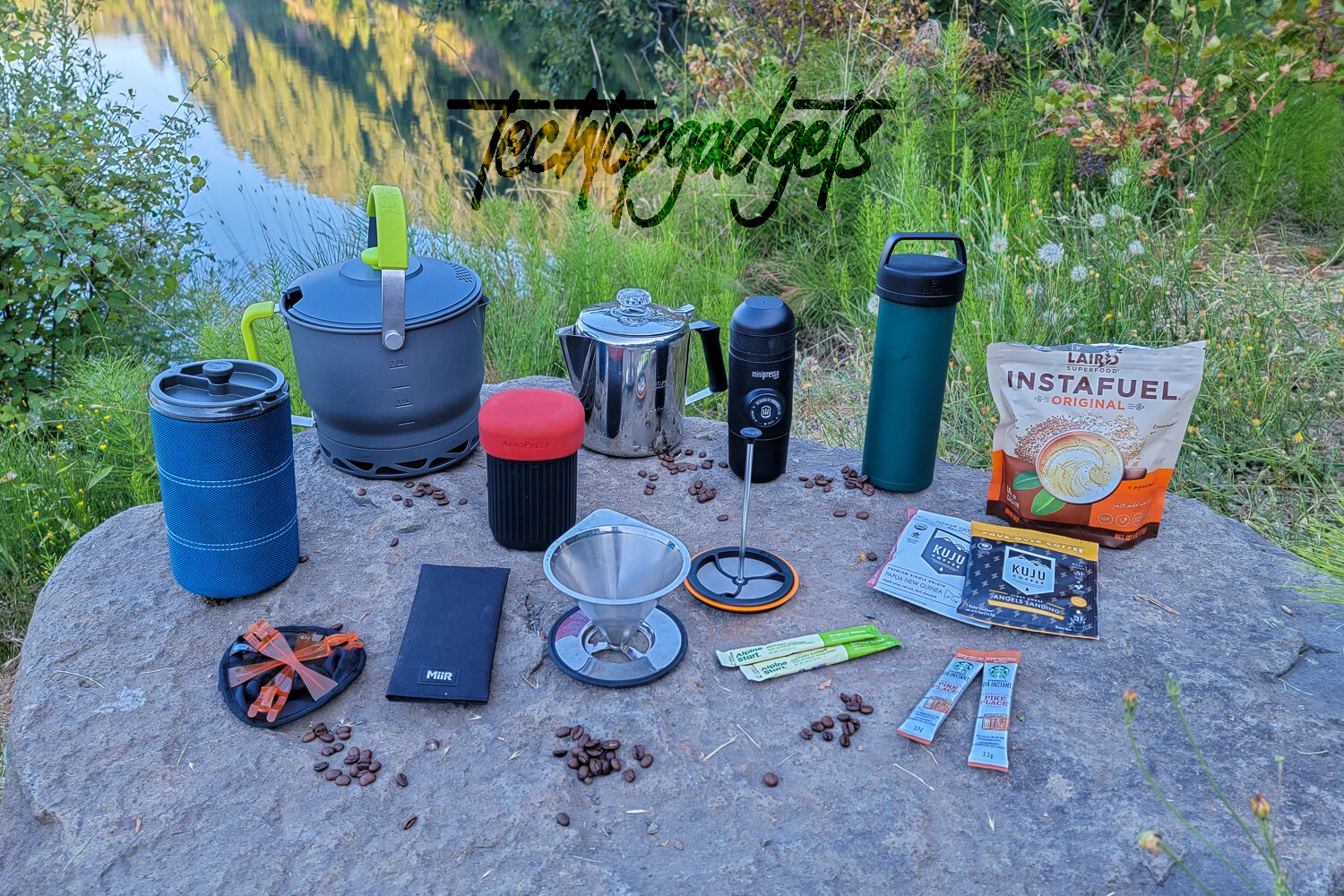 A diverse collection of the best backpacking coffee makers, featuring portable espresso machines, French presses, and percolators, ready for any adventure.