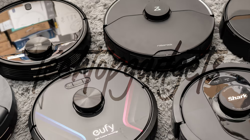 An array of top-performing budget robot vacuums with mapping technology, featuring brands like Eufy, Roborock, and Shark, showcased on a textured floor, exemplifying the fusion of affordability and advanced navigation in home cleaning tech.