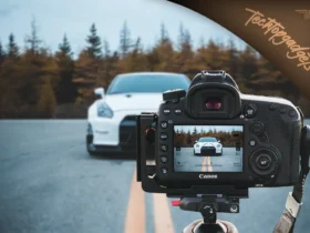 This image showcases the Canon camera as the best camera for car photography, expertly framed to capture a pristine white car against an autumnal backdrop.