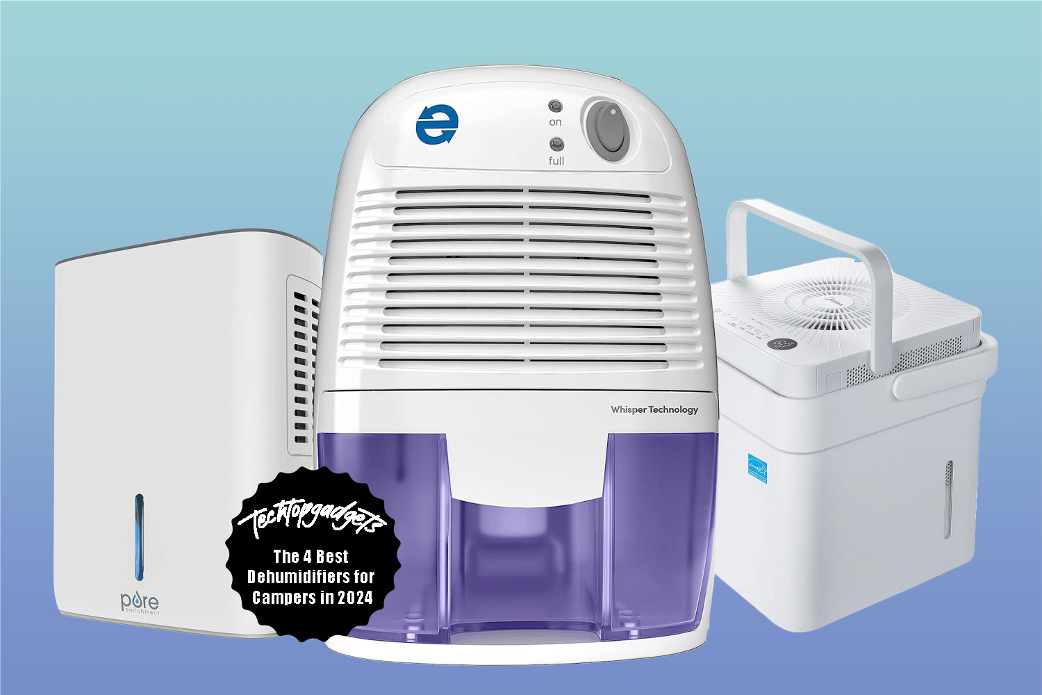 Showcasing the best dehumidifiers for campers in 2024, this image includes the Pure Enrichment, Eva-Dry, and Midea models known for their efficient moisture removal in compact living spaces.