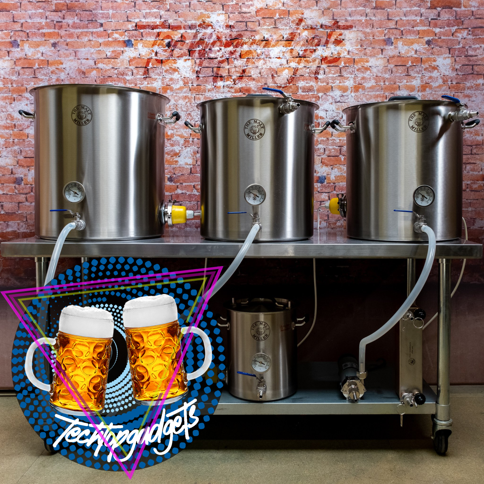 A selection of the best electric beer brewing systems displayed against a brick backdrop, highlighting the variety and quality available to brewers.