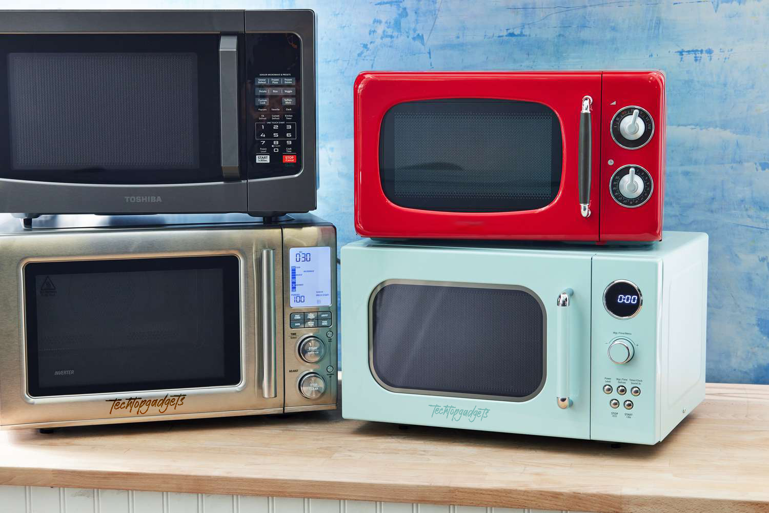 A vibrant selection of the best microwave and oven combinations, with models from Toshiba and others, showcasing a variety of designs and colors for every kitchen style.