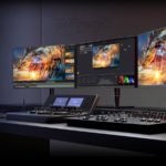 A state-of-the-art editing setup featuring the best monitors for Mac Pro, showcasing an expansive, ultra-wide display for professional video and audio editing.