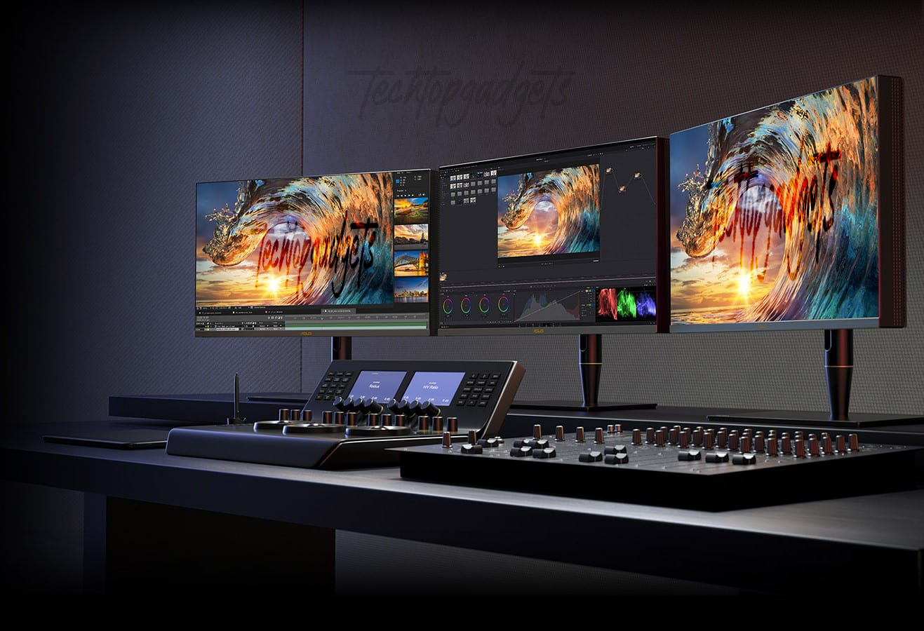 A state-of-the-art editing setup featuring the best monitors for Mac Pro, showcasing an expansive, ultra-wide display for professional video and audio editing.