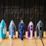 A collection of the best quilting steam irons lined up, demonstrating a variety of brands and models catering to all quilting needs.