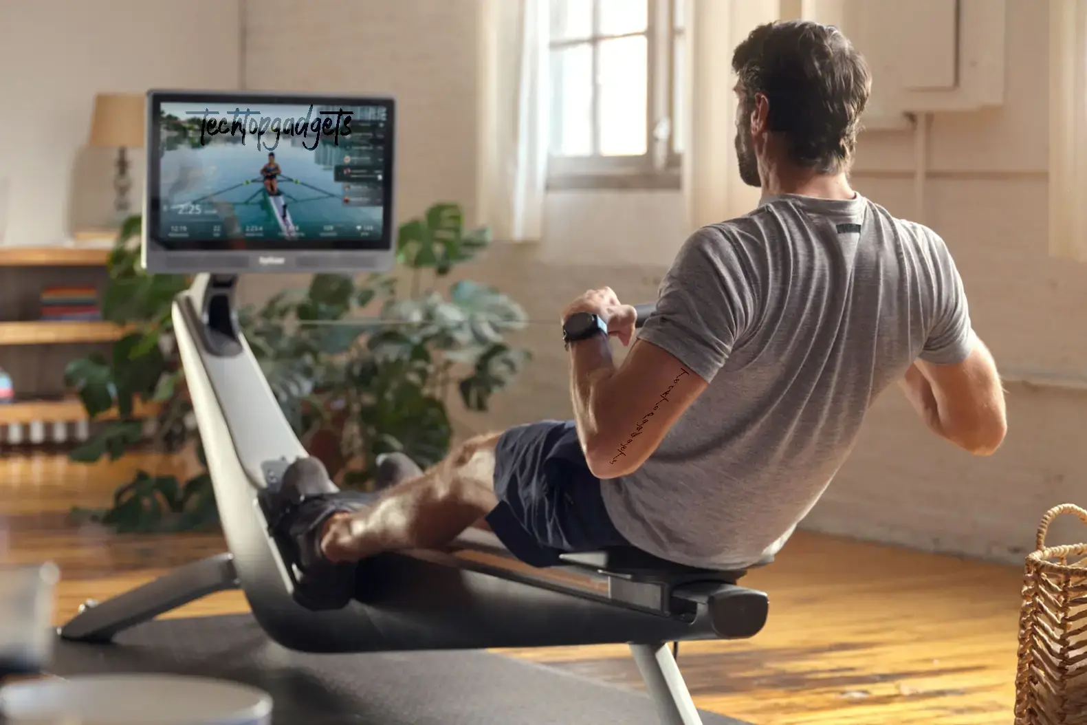 Captured in a homely setting, a user engages with the best rated home rowing machine, providing an ergonomic and efficient workout from the comfort of home.