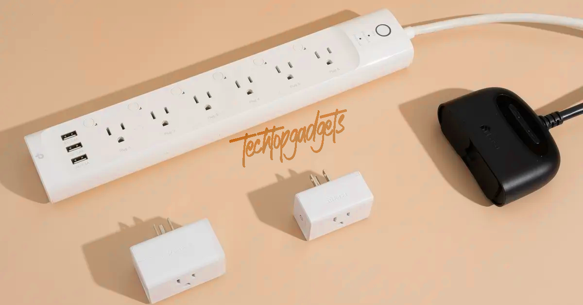 An assortment of smart outlets including a TP-Link Kasa Smart Wi-Fi Power Strip and a Govee Dual Smart Plug alongside an outdoor smart plug, all part of the best smart outlets collection for a modern, tech-savvy space. The image showcases the variety and versatility of smart plugs for indoor and outdoor use.