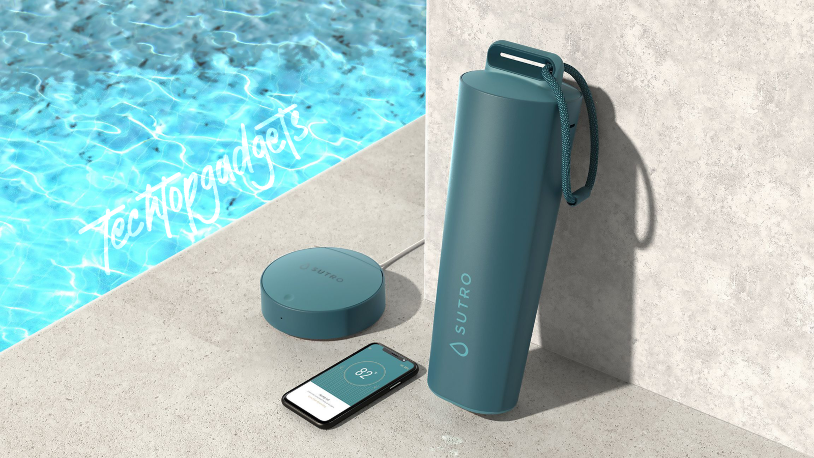 The Sutro smart pool monitor system, resting poolside with its charging base, pairs effortlessly with a smartphone app to ensure your pool remains in pristine condition.