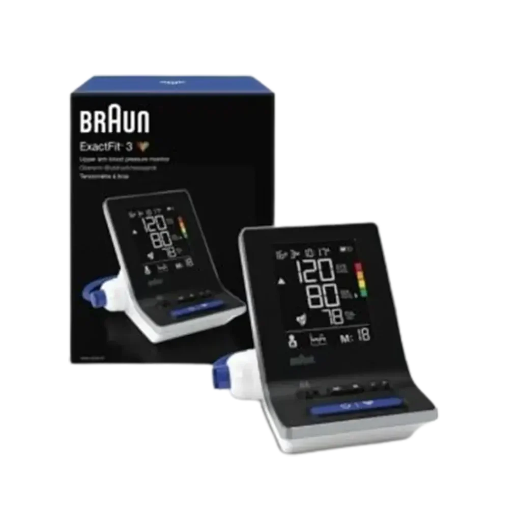 The Braun ExactFit 3 blood pressure monitor is showcased as a top-rated device for home health monitoring, embodying precision and ease-of-use.
