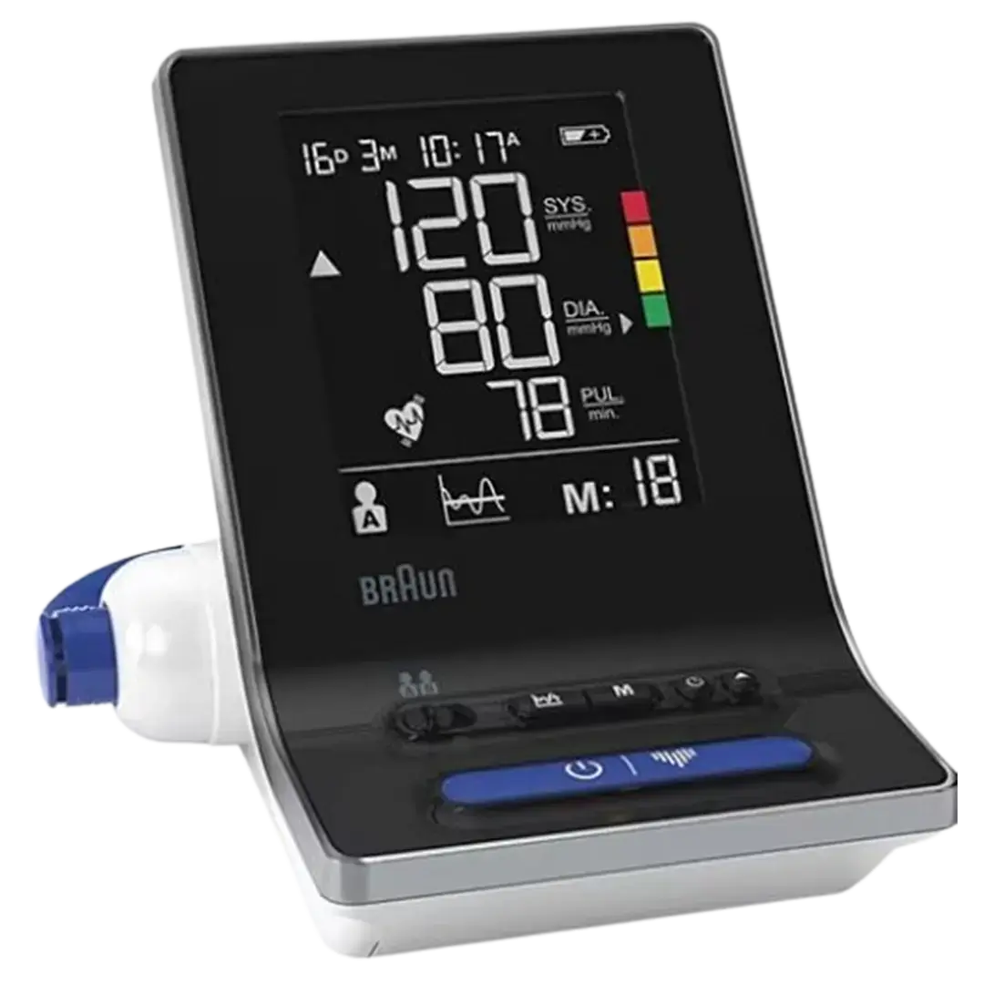 The Braun ExactFit 3 is displayed, emphasizing its status as a best-rated blood pressure monitor for reliable home health management.
