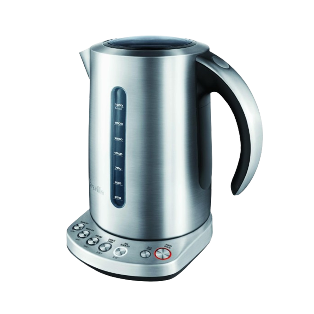 The Breville IQ Kettle, one of the best electric tea kettles with temperature control, showcasing a brushed stainless steel finish and smart settings for precise brewing.