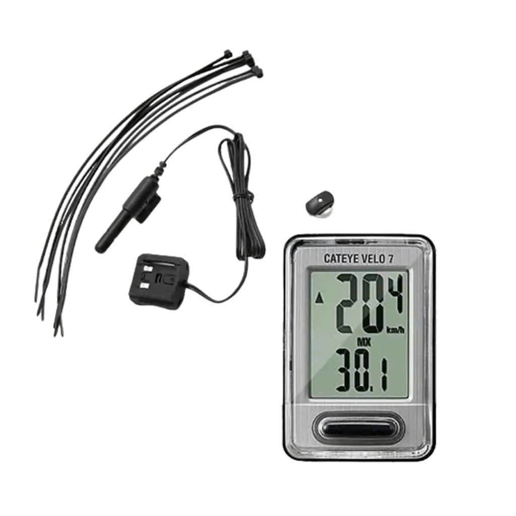 The Cateye Velo 7 speedometer, a reliable entry-level bicycle speedometer, displays current speed and max speed.