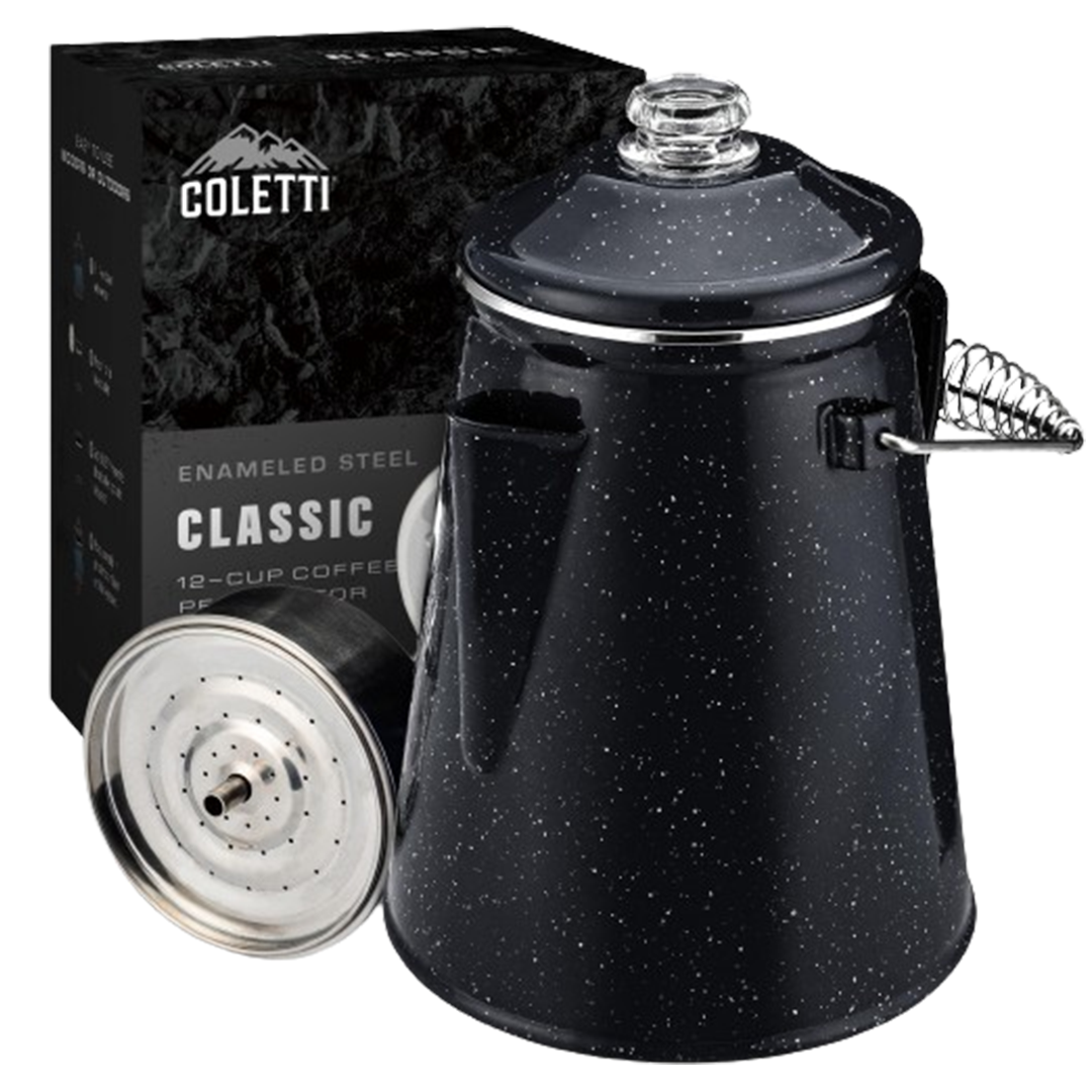 Best backpacking coffee maker for connoisseurs, the Coletti Classic Camping Coffee Percolator, with a sleek black enamel finish.