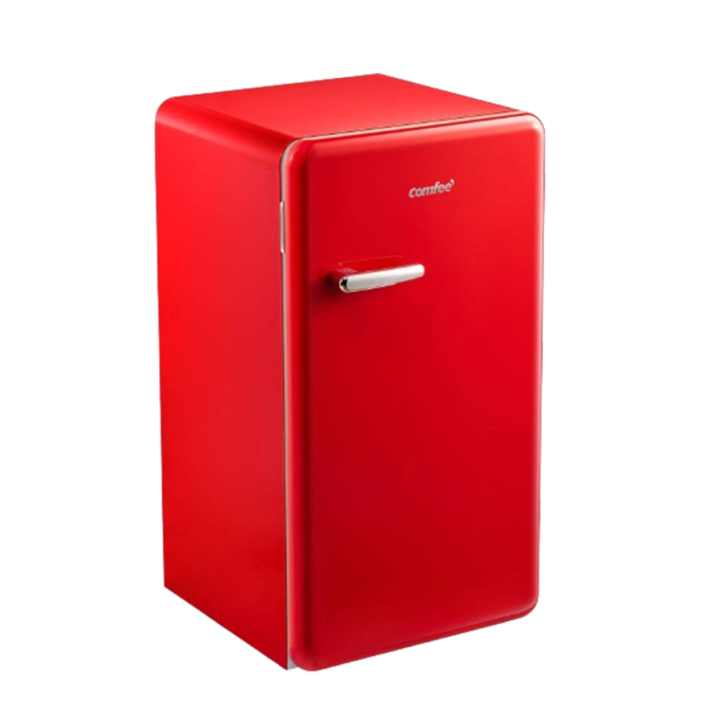 The Comfee Retro Refrigerator in vibrant red, perfect for adding a touch of vintage style to any kitchen, while being the best freezerless refrigerator for compact spaces.