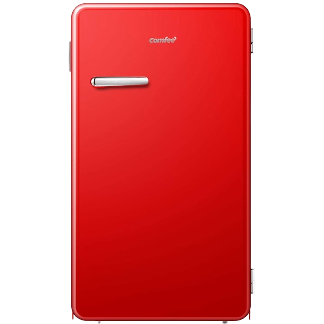 A front view of the sleek Comfee Retro Refrigerator showcasing its bright red facade, combining style and function as a best freezerless refrigerator.