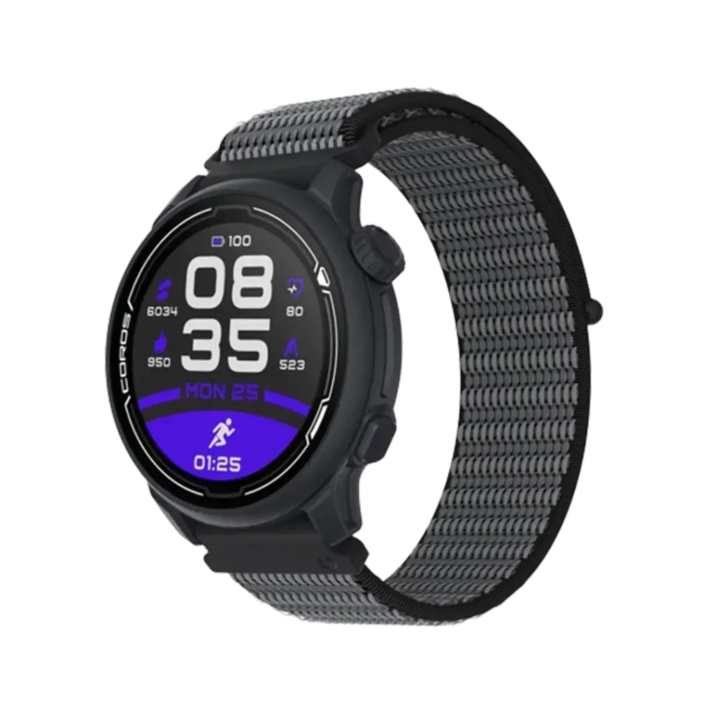 The Coros Pace 2 showcases a sleek black design, optimized as the best GPS watch for trail running with its clear display and durable strap.