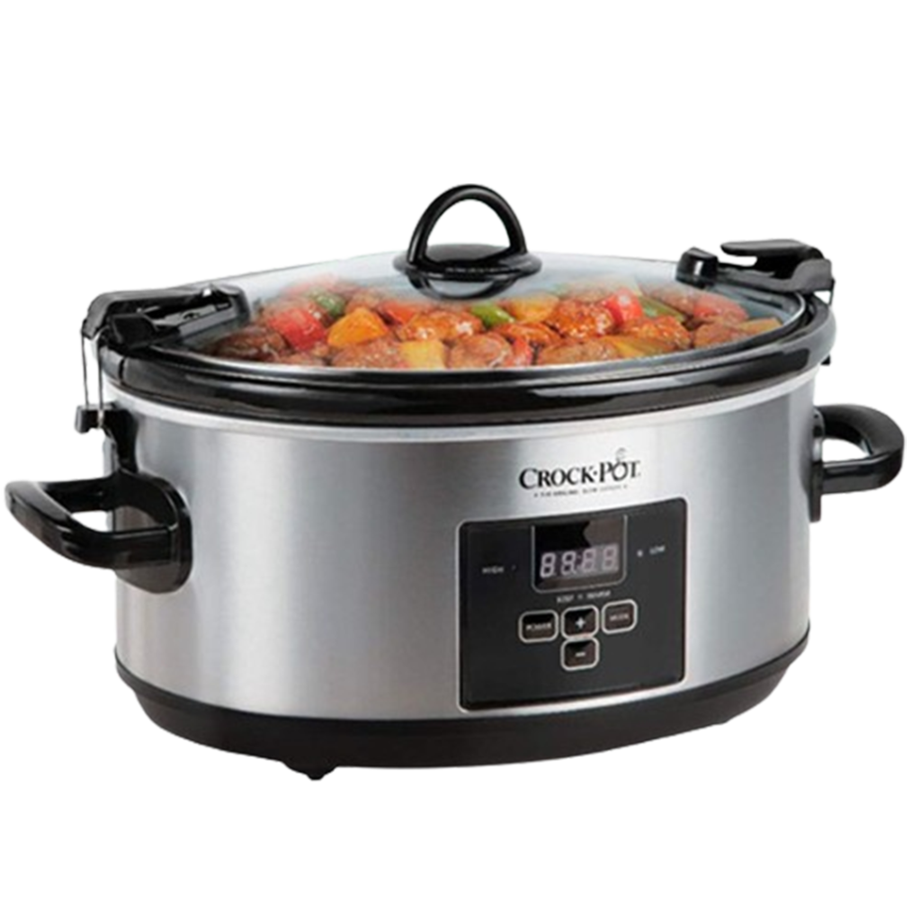 This best quart slow cooker by Crock-Pot is perfect for family meals, featuring a digital timer and a see-through lid to monitor cooking progress.