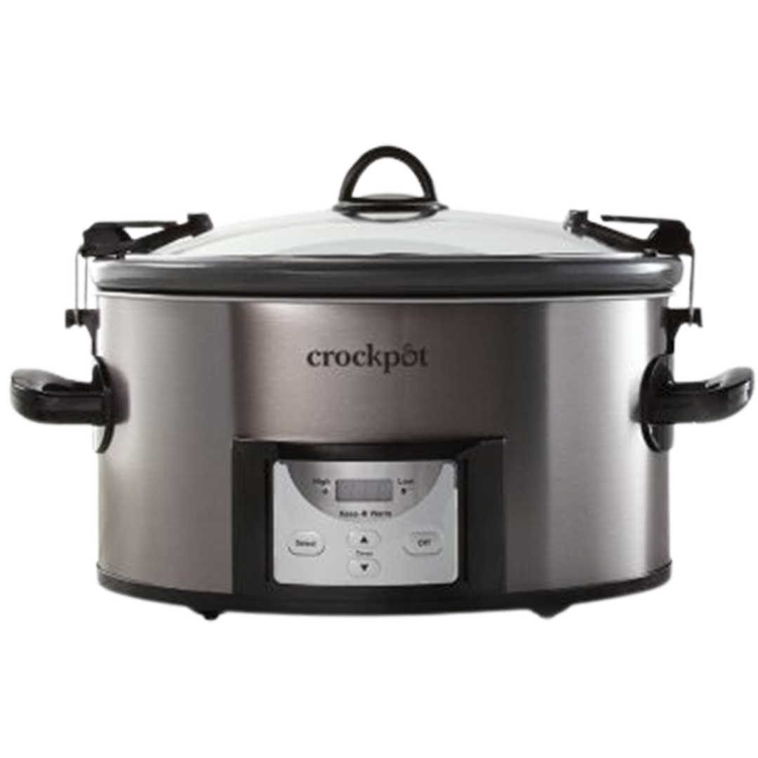 The Crock-Pot 10-quart digital slow cooker, a contender for best quart slow cooker with its programmable features and modern stainless steel exterior.