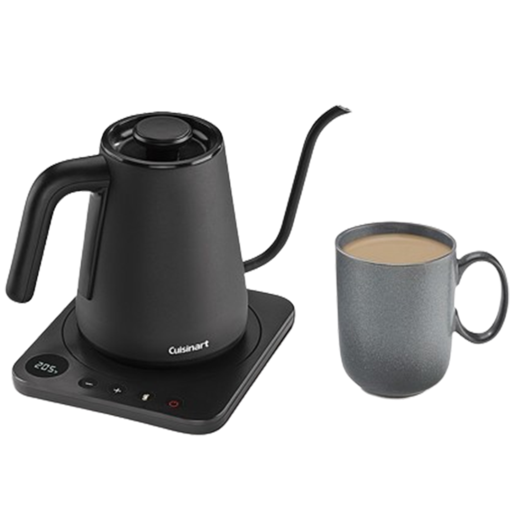 Featuring the Cuisinart Digital Gooseneck Kettle, this best electric tea kettle with temperature control merges modern aesthetics with functional design for precise pour-overs.