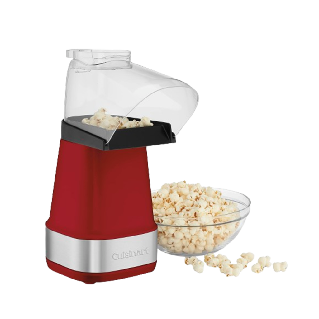 A vibrant red Cuisinart EasyPop air popcorn maker popping fluffy white popcorn into a clear bowl, the perfect addition to your kitchen gadgets for healthy snacking.