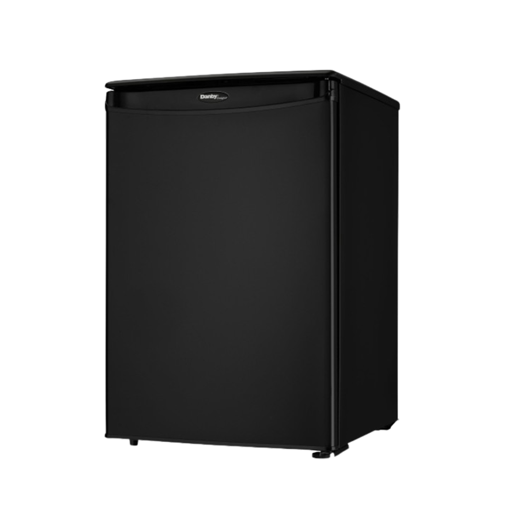 The classic black Danby Designer Mini Fridge offers a timeless design with modern refrigeration technology, ideal for those seeking the best freezerless refrigerator experience.