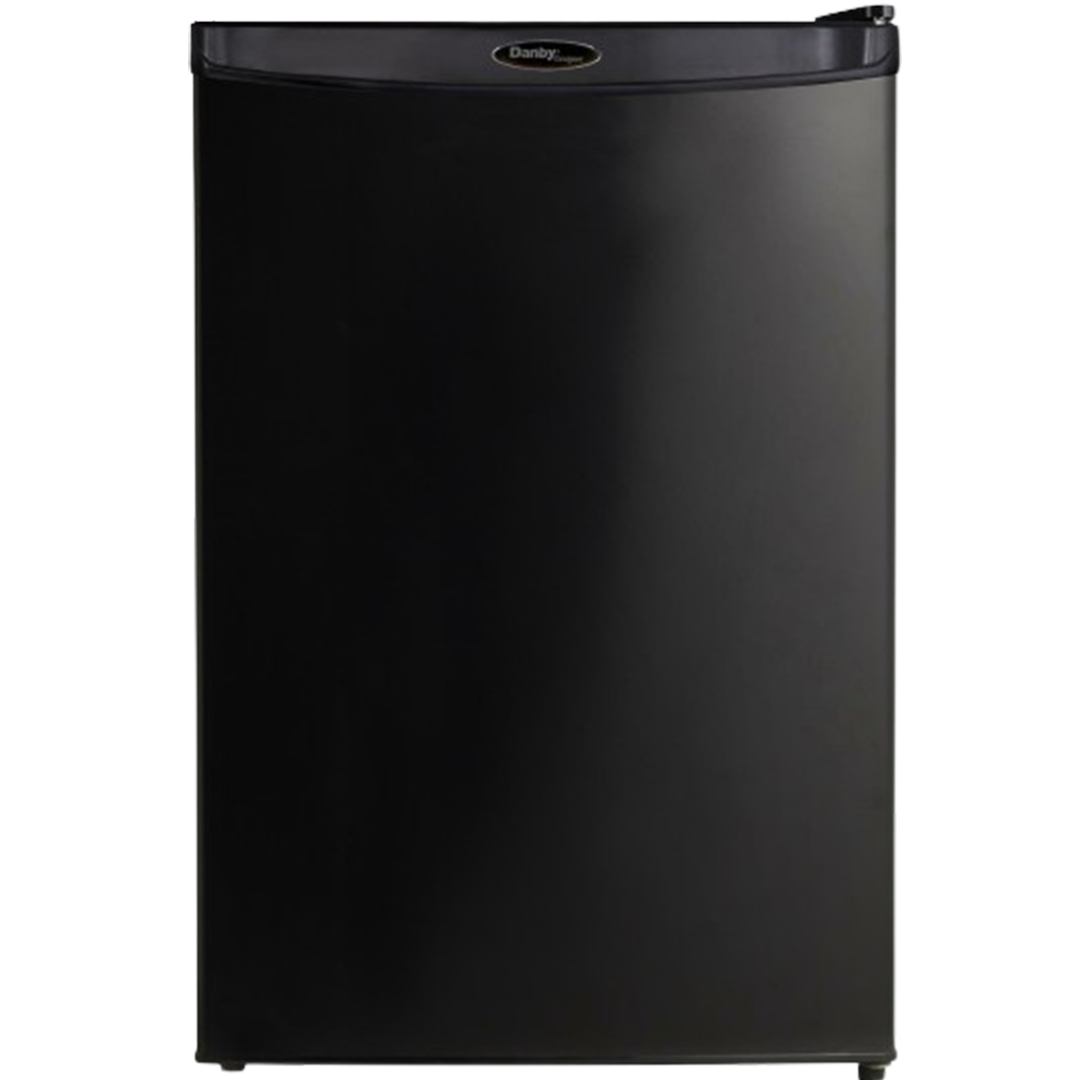 Front view of the black Danby Designer Mini Fridge, highlighting its elegant design and suitability as a best freezerless refrigerator option.