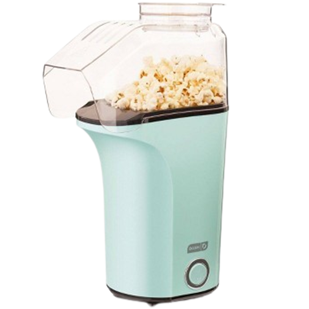 The Dash hot air popcorn maker, here in a refreshing shade of aqua, combines form and function to create the best air-popped popcorn, ideal for cozy evenings in.