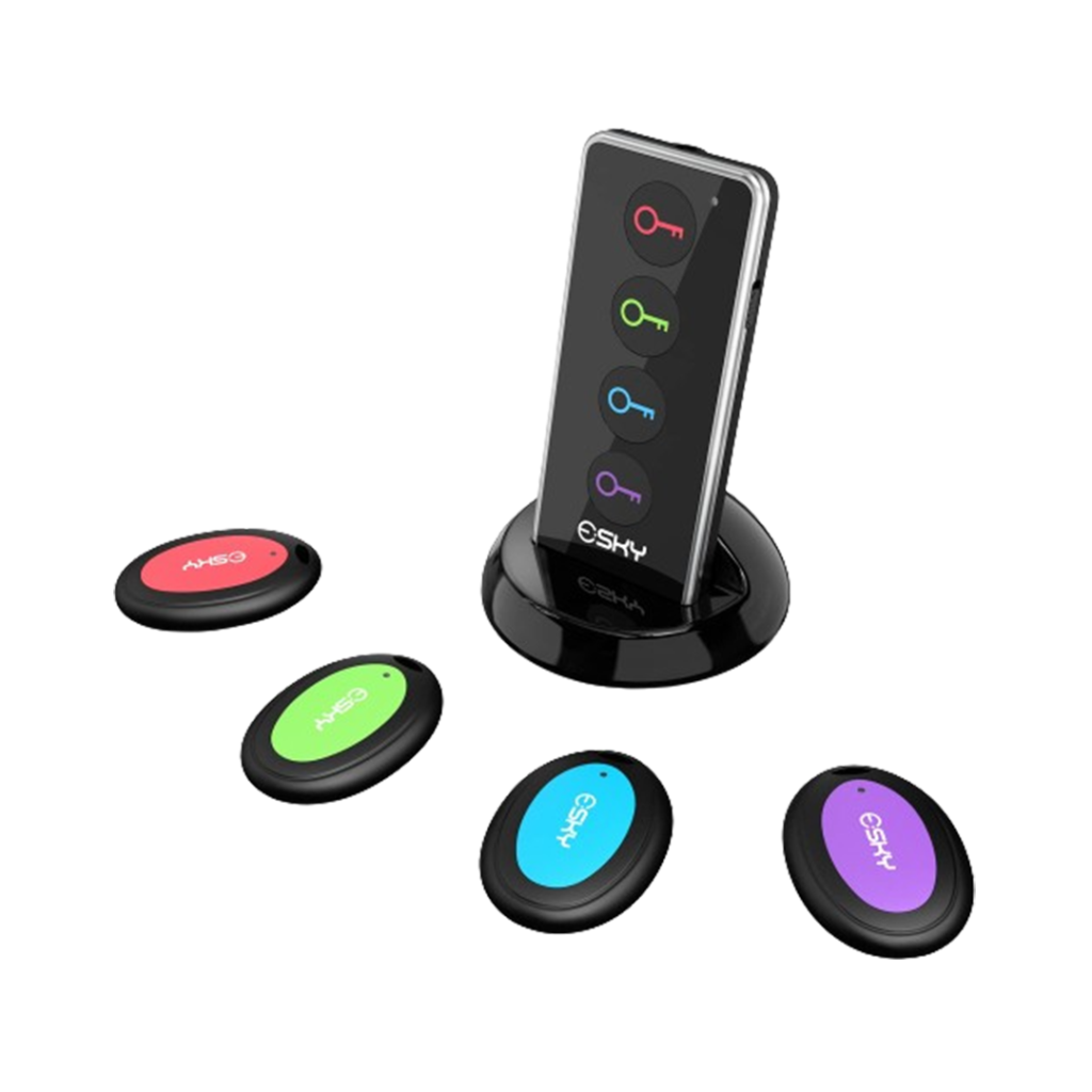 An array of colorful Esky key finders on a charging dock, ideal for helping the elderly find misplaced items effortlessly.