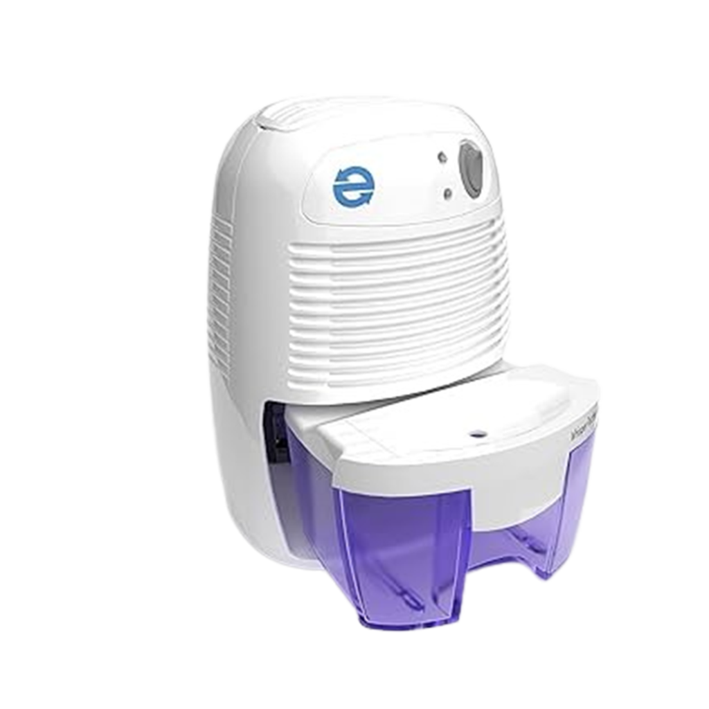 The Eva-Dry Electric Petite Dehumidifier, ideal for small bathrooms, showcases its sleek design with a purple transparent water tank, offering efficient moisture absorption.