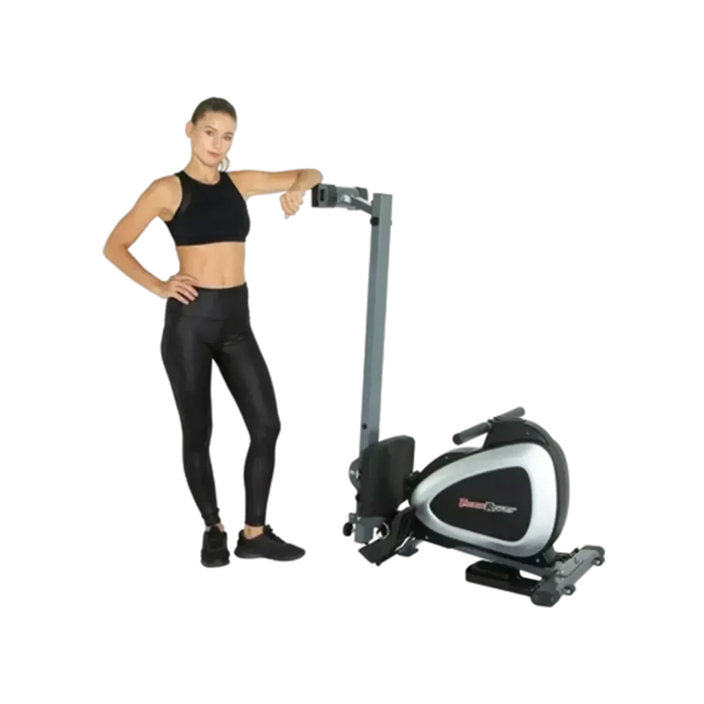 A woman confidently poses next to the best rated home Fitness Reality Magnetic Rowing Machine, showcasing its sleek design and compact form.