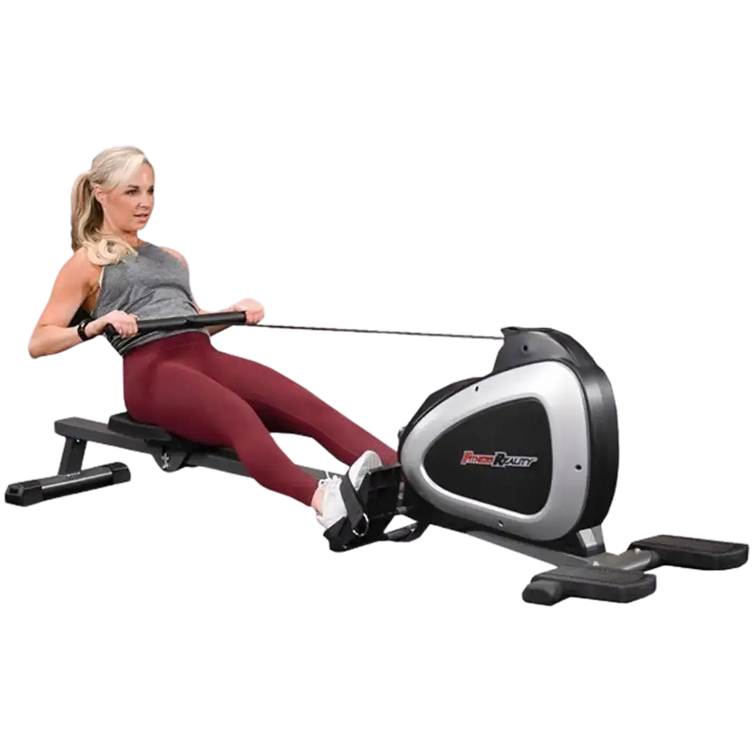 A focused woman exercises on the best rated home Fitness Reality Magnetic Rowing Machine, demonstrating its smooth glide and ergonomic seating.