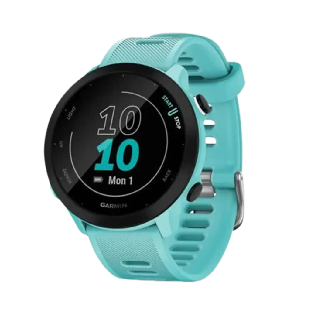 The Garmin Forerunner 55 in turquoise, a top contender for the best GPS watch for trail running, offers a user-friendly interface and robust features.