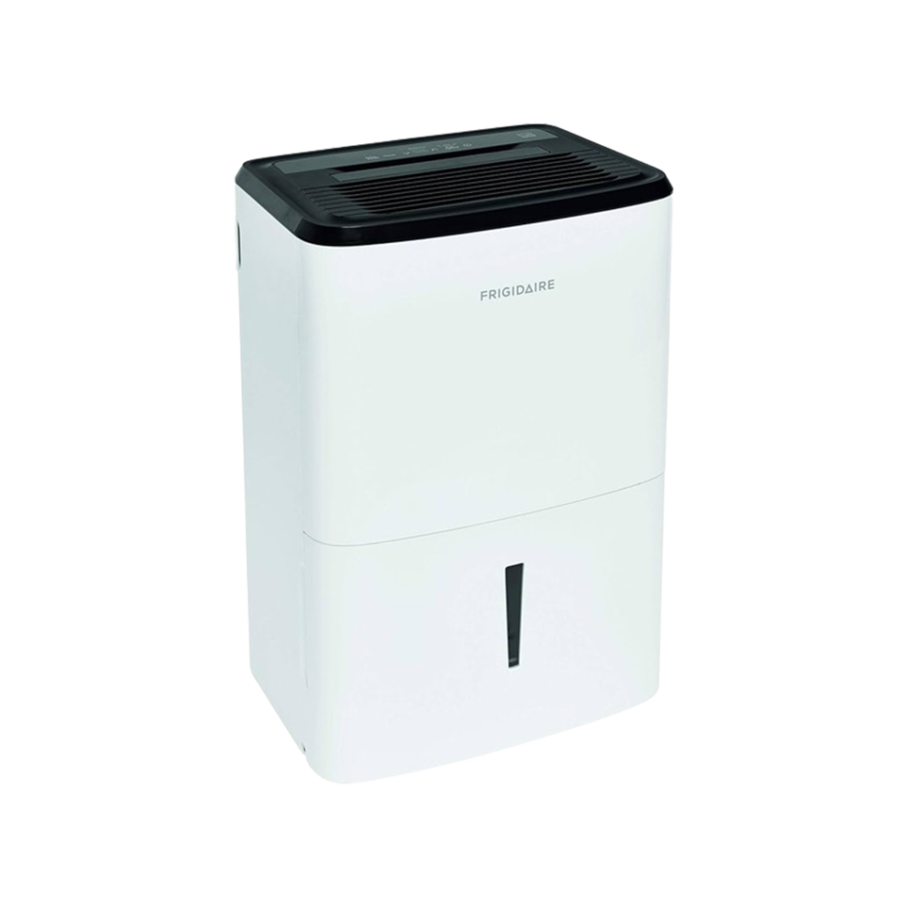 The Frigidaire 35 Pint Dehumidifier, perfect for maintaining a dry atmosphere in small bathrooms, comes with a simple white and black design.