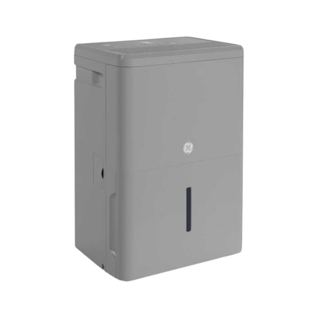 The GE Dehumidifier with a built-in pump offers a compact solution for small bathrooms, featuring a contemporary grey design.