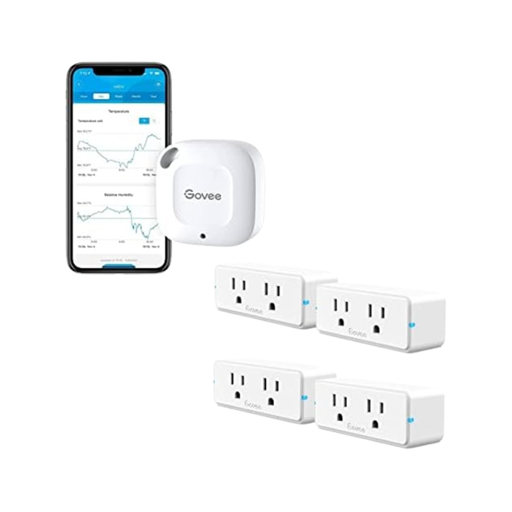 4-pack of Govee Dual Smart Plugs, compatible with best smart outlets, with a smartphone displaying temperature and humidity readings from a sensor.