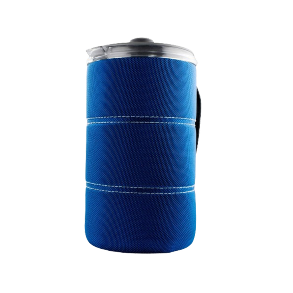 GSI Outdoors French Press, an ideal best backpacking coffee maker for those who enjoy a rich brew, featuring a blue insulating sleeve.