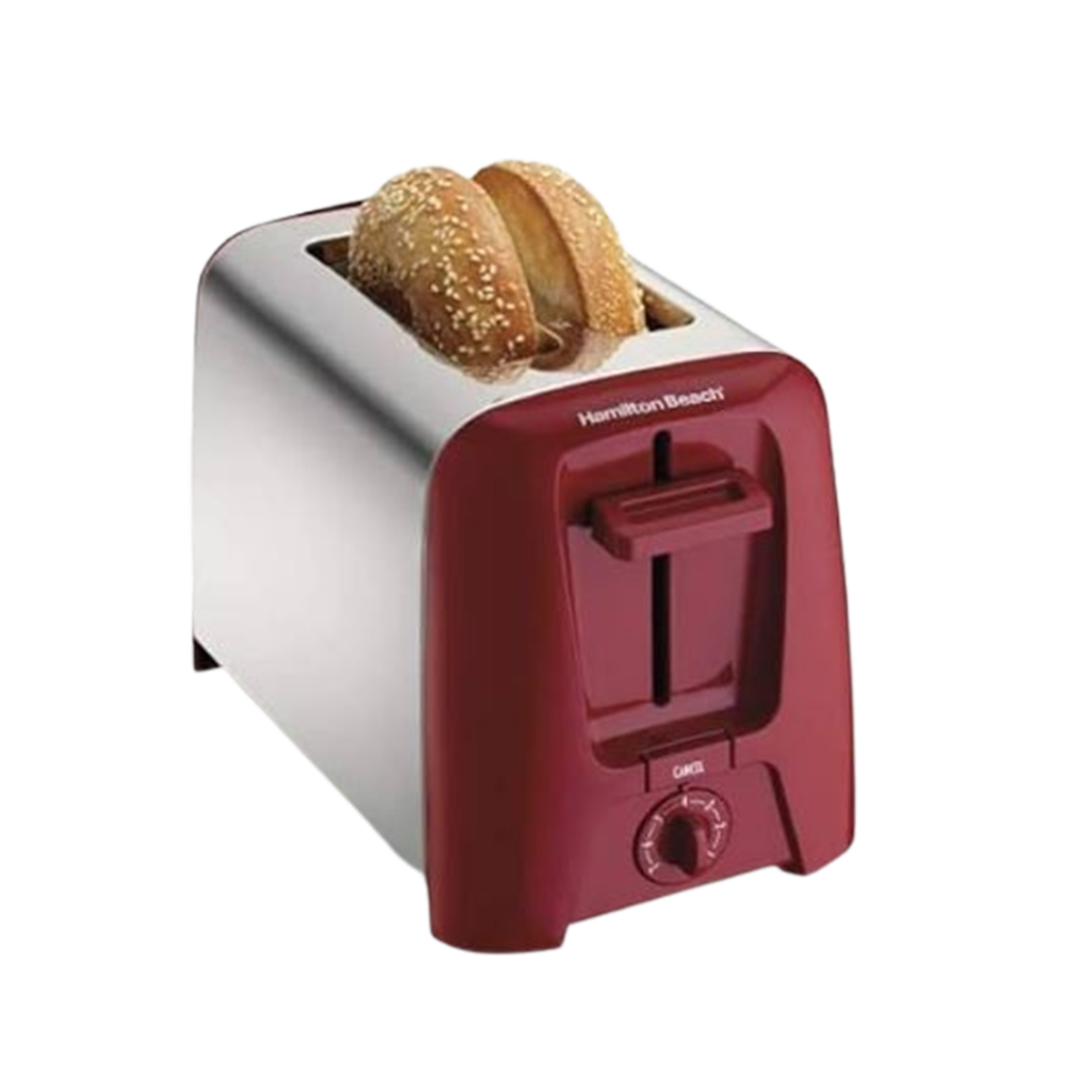Add a pop of color to your morning routine with the Hamilton Beach 2-slice toaster in red, a durable and cost-effective choice for the best cheapest toaster.