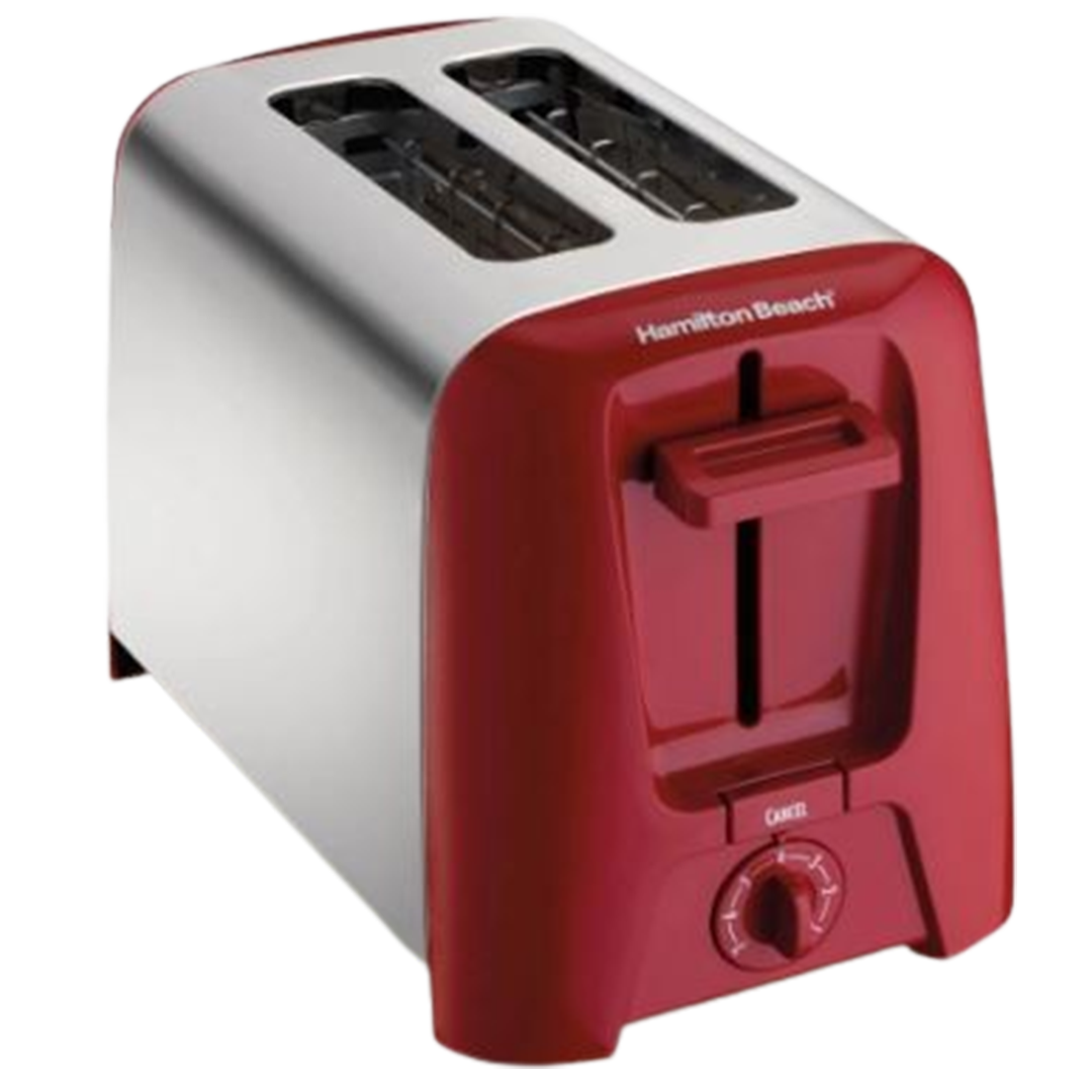 The Hamilton Beach 2-slice toaster stands out in a vibrant red, providing reliable performance and affordability as the best cheapest toaster for budget-conscious homes.