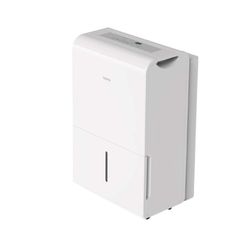 The hOmeLabs 50 Pint Dehumidifier, designed for residential use, offers a minimalistic white appearance suitable for small bathroom spaces.
