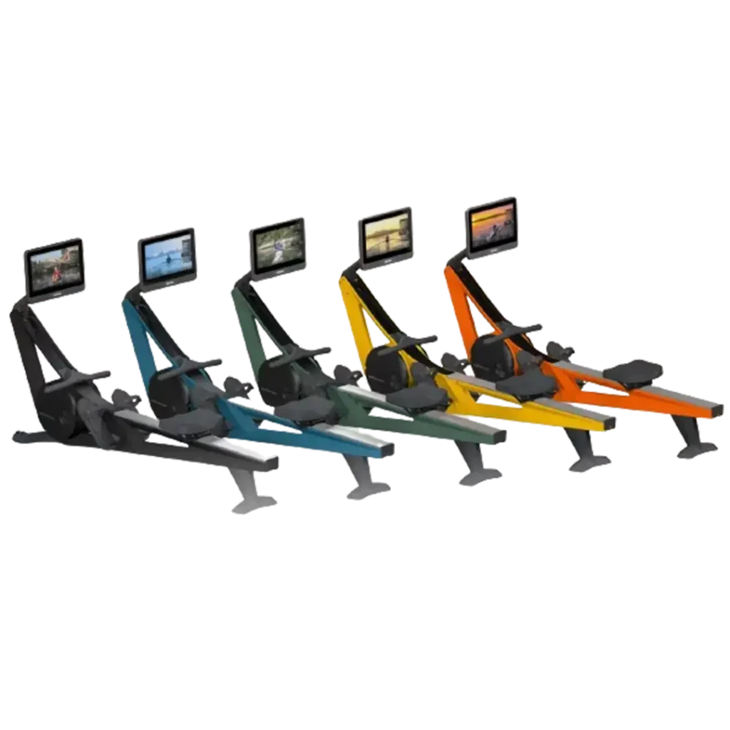 A lineup of the best rated home Hydrow Wave Rowing Machines, each with a vibrant display screen, highlights the interactive workout experience.