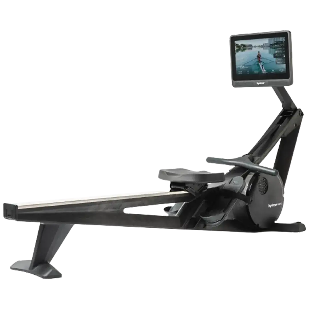 An individual engages with the immersive digital interface of the best rated home Hydrow Wave Rowing Machine during an intense workout session.
