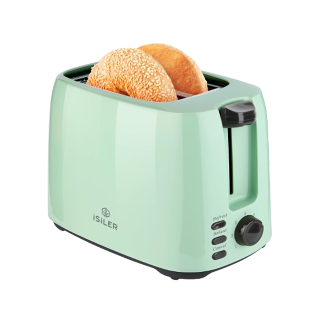The iSiLER 2-slice toaster in a soft mint green adds a pastel perfection to any kitchen, while also being recognized as the best cheapest toaster for those who love a deal.