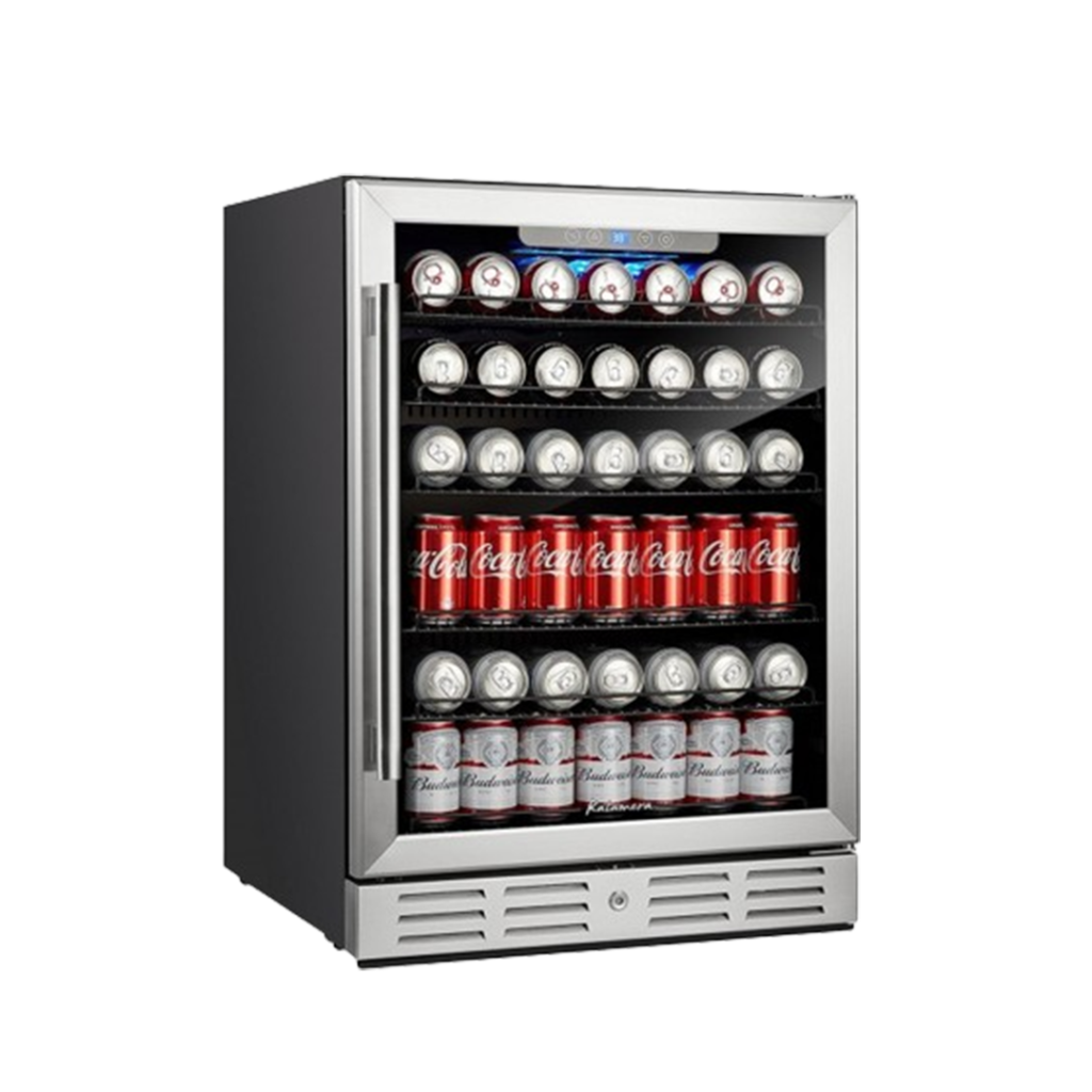 The Kalamera 24-inch Refrigerator, fully stocked with beverages, demonstrates why it's the best freezerless refrigerator for entertainers and connoisseurs.