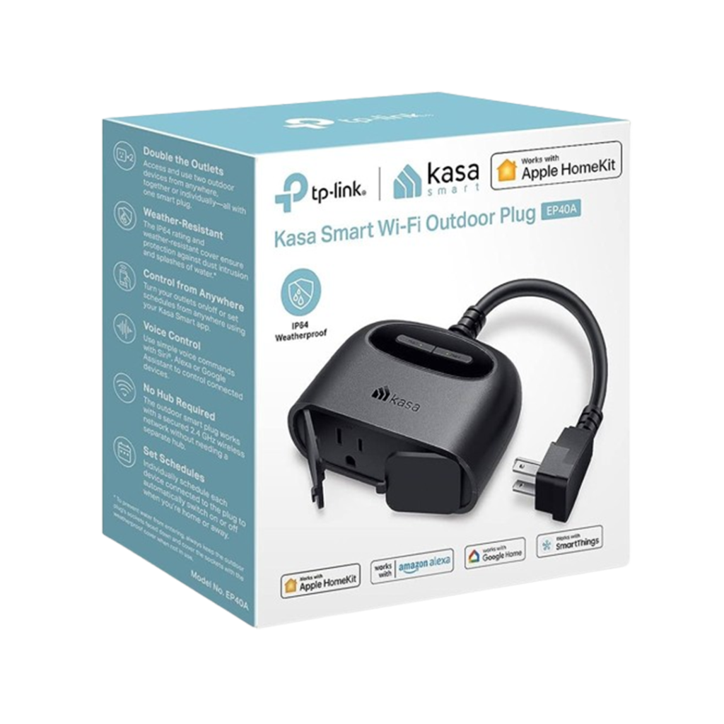 The Kasa Smart Wi-Fi Outdoor Plug is weather-resistant, works with Apple HomeKit, and is an ideal choice for best smart outlets for outdoor use.