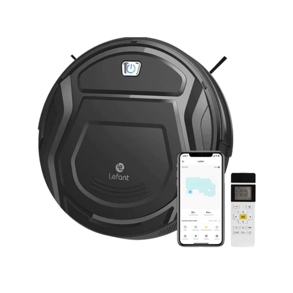 The Lefant M210 Pro robot vacuum is presented with its distinct geometric pattern and minimalist button layout, showcasing its affordable mapping features for effective floor cleaning.