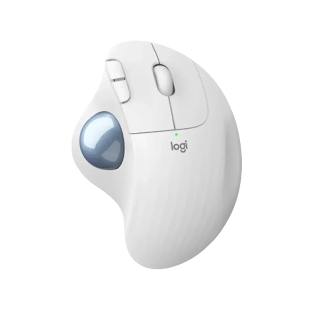 The Logitech Ergo M575 wireless trackball mouse, depicted in white, is an ideal choice for a workspace demanding comfort and precision. It’s a contender for the best Logitech mouse for work, with its unique trackball feature allowing for smooth navigation without the need for extensive desk space.