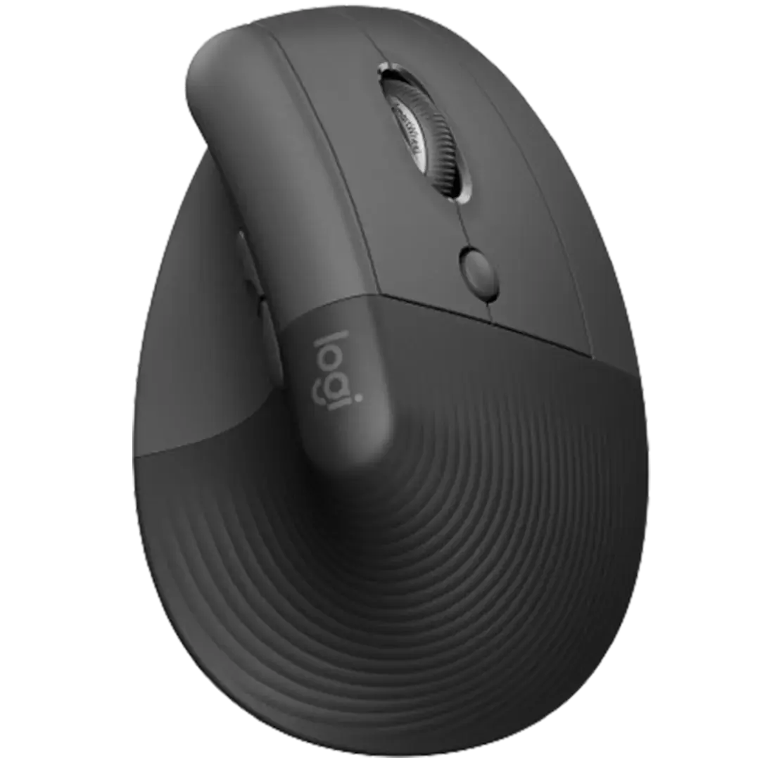 The Logitech Lift Vertical ergonomic mouse, shown in a sleek graphite color, is designed for users who prioritize both aesthetics and ergonomics. It stands out as the best Logitech mouse for work for those who desire a sophisticated look without compromising on wrist and arm comfort.